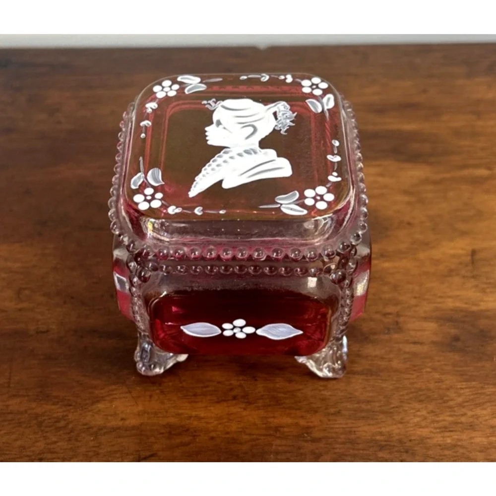 Westmoreland Cranberry Glass Trinket Box Cameo Hand Painted Signed 1977 VTG